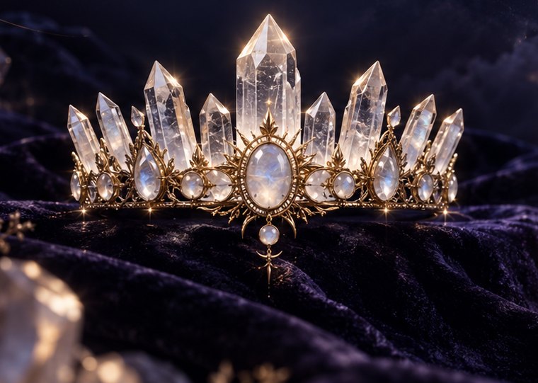 A gold tiara set with moonstones and clear quartz crystal points, resting on dark velvet